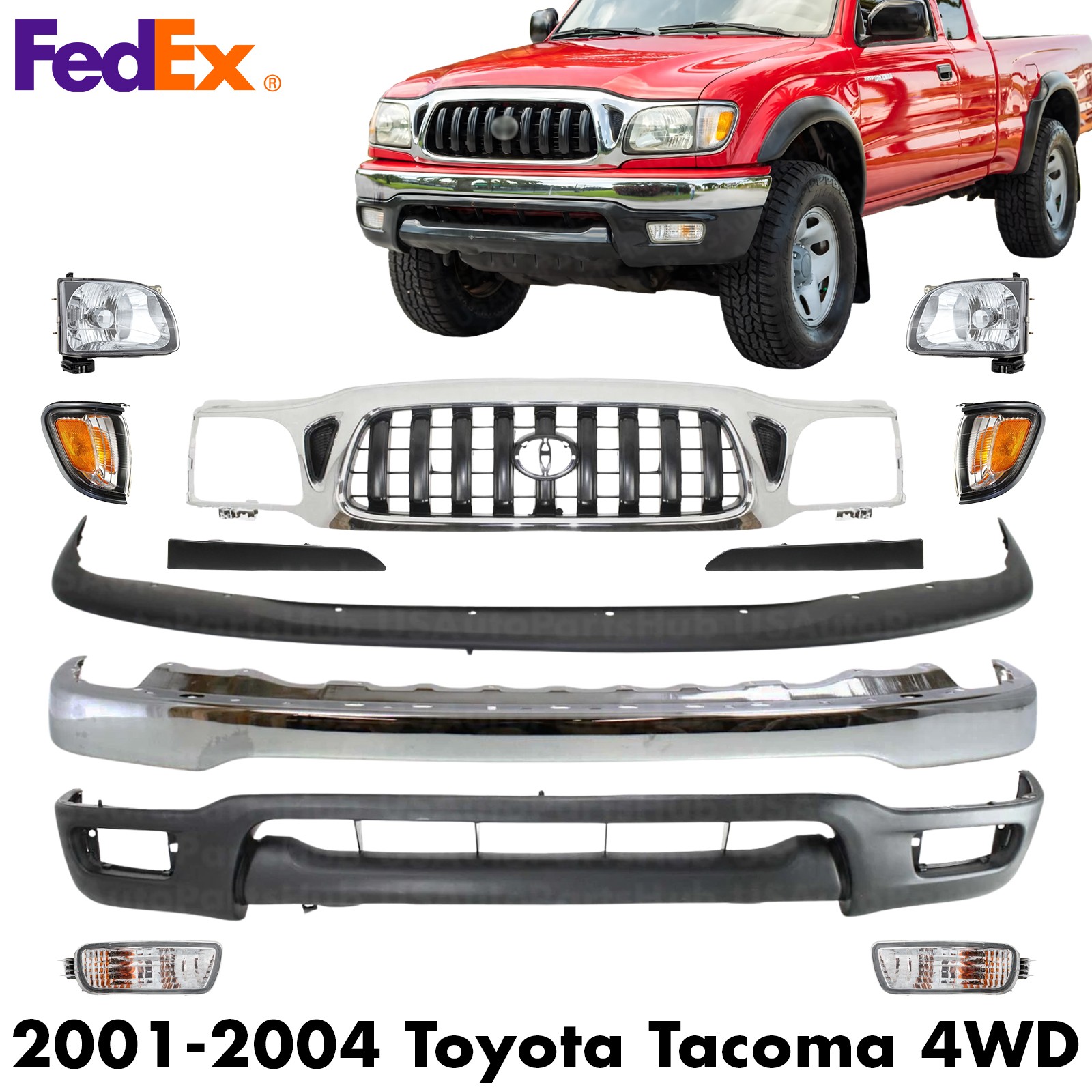 Front Chrome Steel Bumper + Grille Assembly Kit For 2001-2004 Toyota Tacoma 4WD