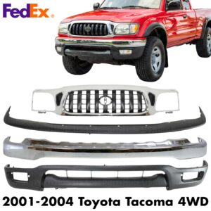 Front Bumper Chrome Steel + Grille Assembly Kit For 2001-2004 Toyota Tacoma 4WD