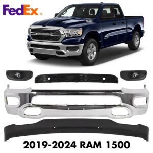 Front Bumper Face Bar Chrome & Fog Lights Assembly Kit For 2019-2024 RAM 1500