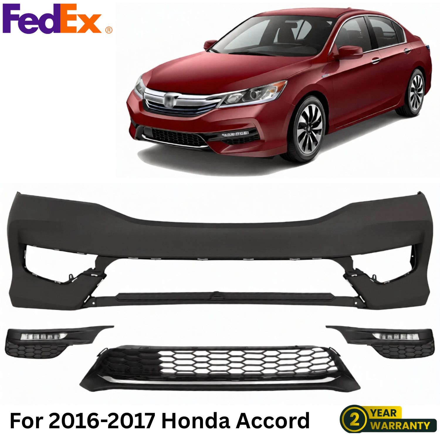 Front Bumper Cover Primed Plastic & Fog Lights Kit For 2016-2017 Honda Accord