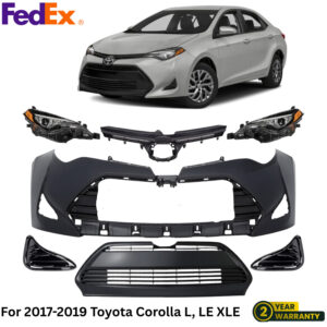Front Bumper Cover Primed Plastic & Headlights Kit For 2017-2019 Toyota Corolla
