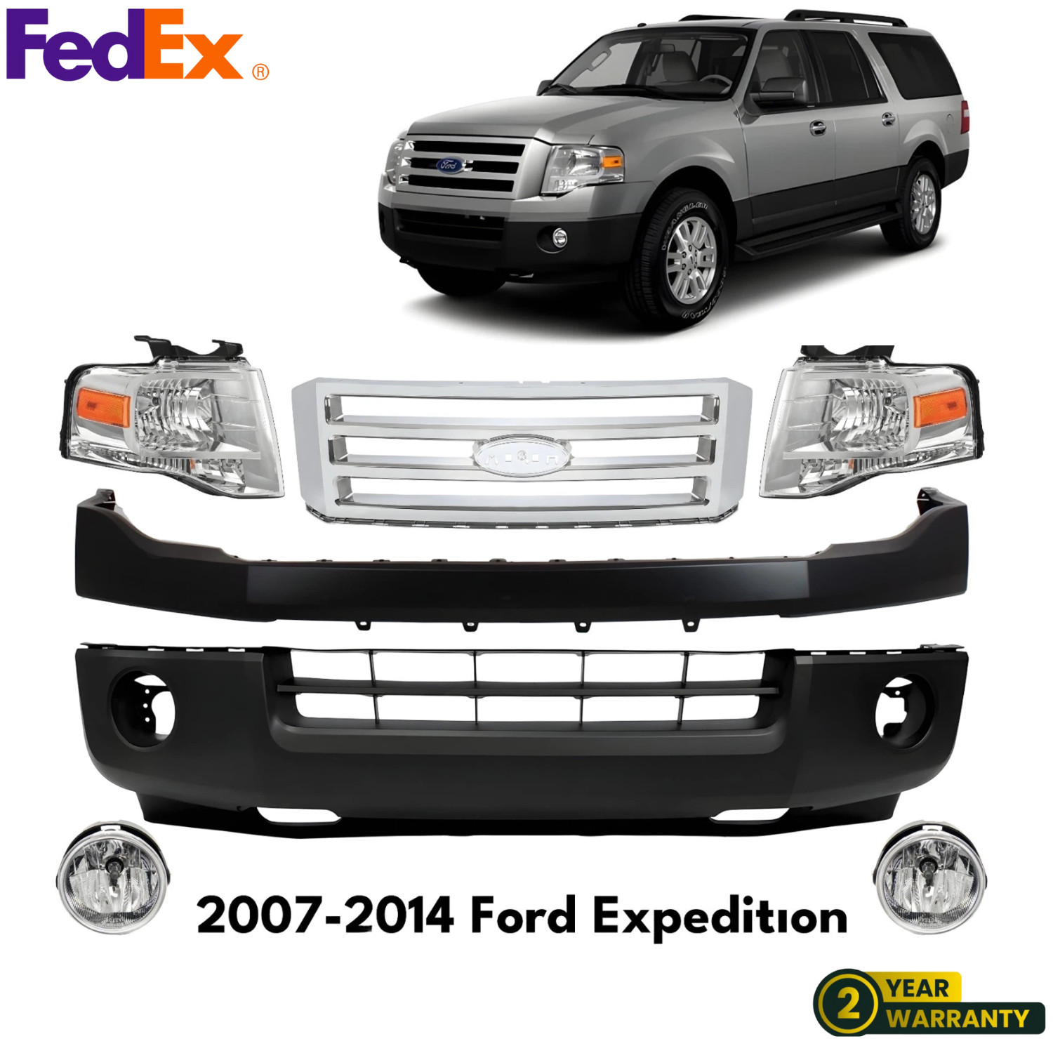 Front Bumper Cover Primed Plastic & Headlights Kit For 2007-2014 Ford Expedition