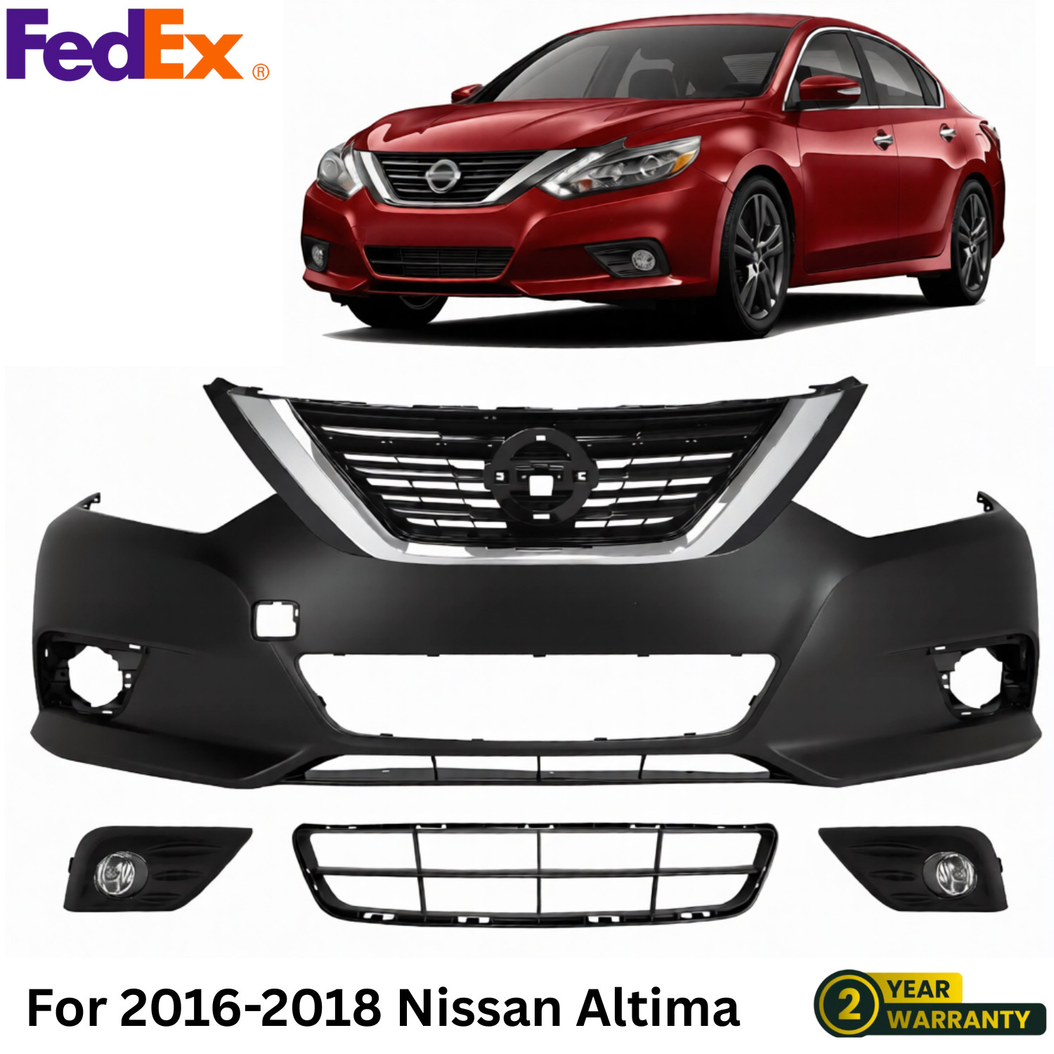 Front Bumper Cover Primed & Grille Assembly Kit For 2016-2018 Nissan Altima