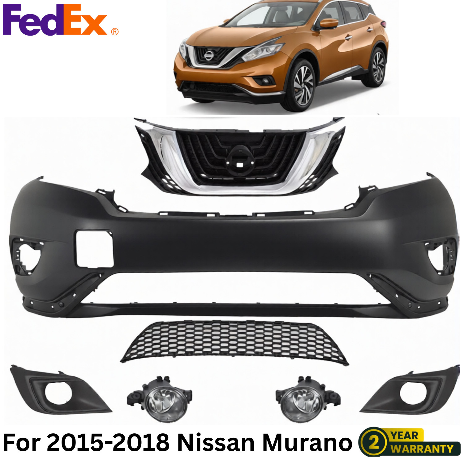 Front Bumper Cover Fascia & Grille Assembly Kit For 2015-2018 Nissan Murano