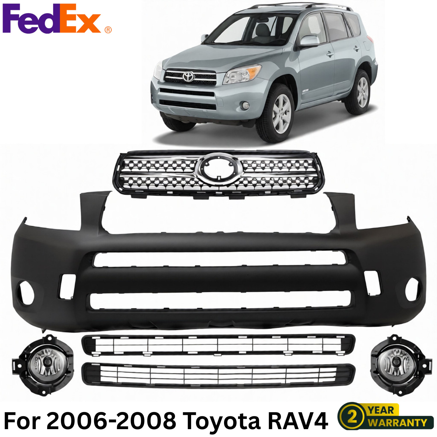 Front Bumper Cover Primed & Grille Assembly Kit For 2006-2008 Toyota RAV4