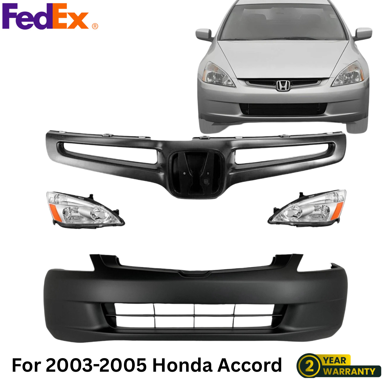 Front Bumper Cover Fascia & Headlight Assembly Kit For 2003-2005 Honda Accord