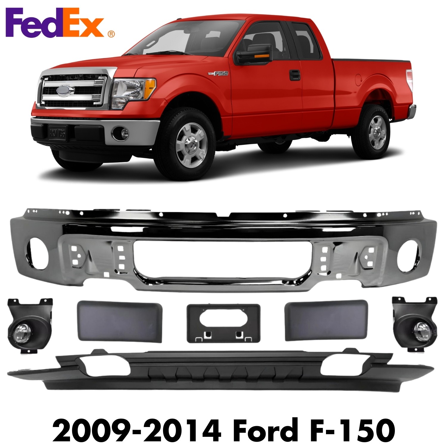 Front Bumper Chrome Steel & Fog Lights Assembly Kit For 2009-2014 Ford F-150
