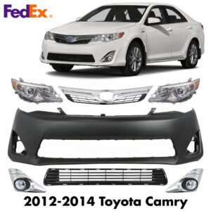 Front Bumper Cover Primed Plastic & Headlights Kit For 2012-2014 Toyota Camry