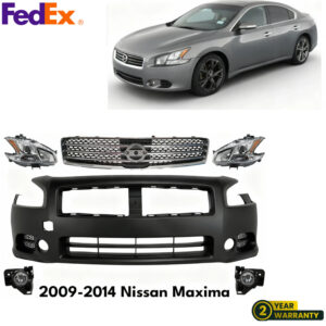 Front Bumper Cover Primed Plastic & Headlights Kit For 2009-2014 Nissan Maxima