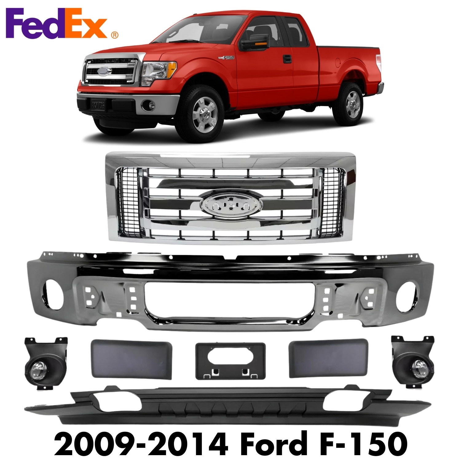 Front Bumper Chrome Steel & Grille Assembly Kit For 2009-2014 Ford F-150