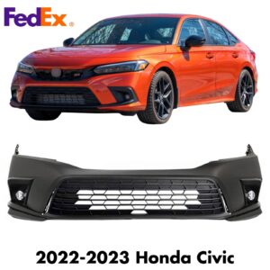 Front Bumper Cover Primed & Fog Lights Assembly Kit For 2022-2023 Honda Civic