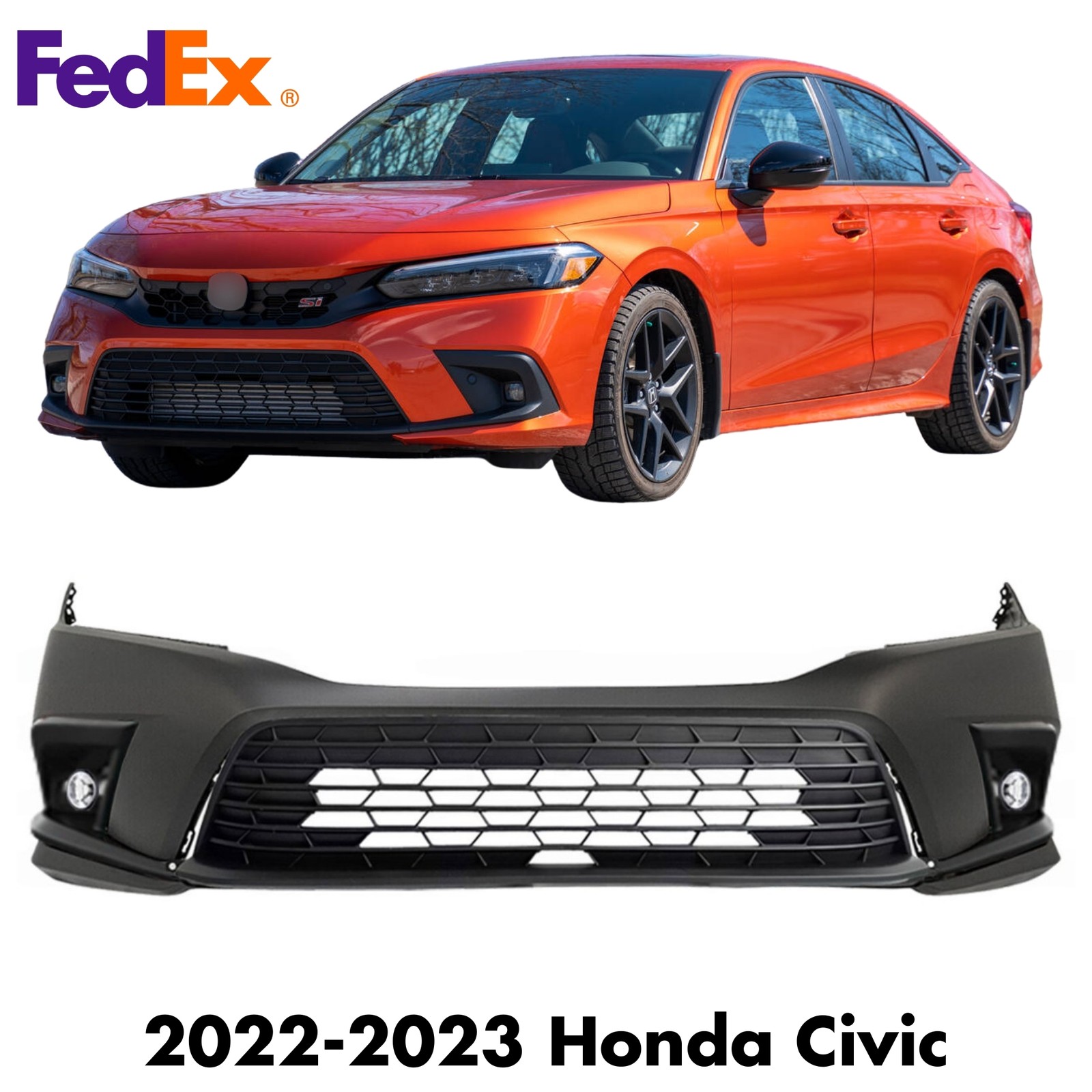 Front Bumper Cover Primed & Fog Lights Assembly Kit For 2022-2023 Honda Civic