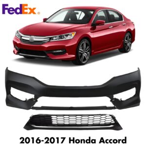 Front Bumper Cover Primed Plastic & Bumper Grille Kit For 2016-2017 Honda Accord