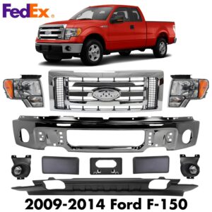 Front Bumper Chrome Steel & Headlights Assembly Kit For 2009-2014 Ford F-150