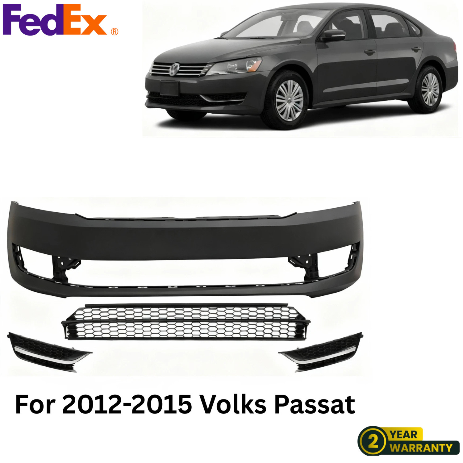 Front Bumper Cover Primed & Fog Lights Cover Kit For 2012-2015 Volkswagen Passat