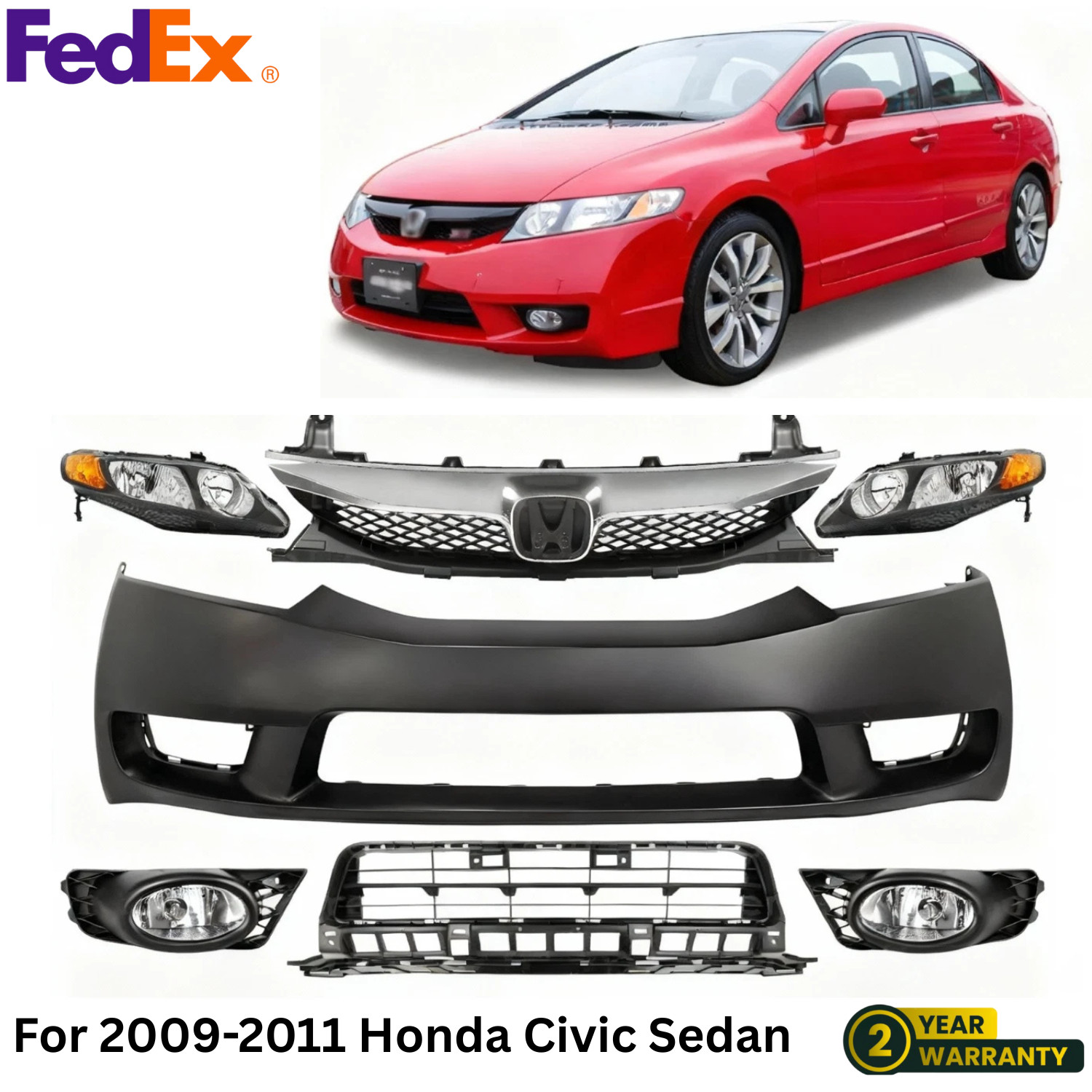 Front Bumper Paintable Plastic & Headlights Kit For 2009-2011 Honda Civic Sedan