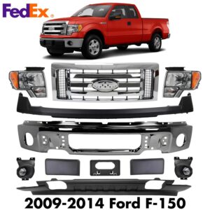 Front Chrome Steel Bumper & Headlights Assembly Kit For 2009-2014 Ford F-150
