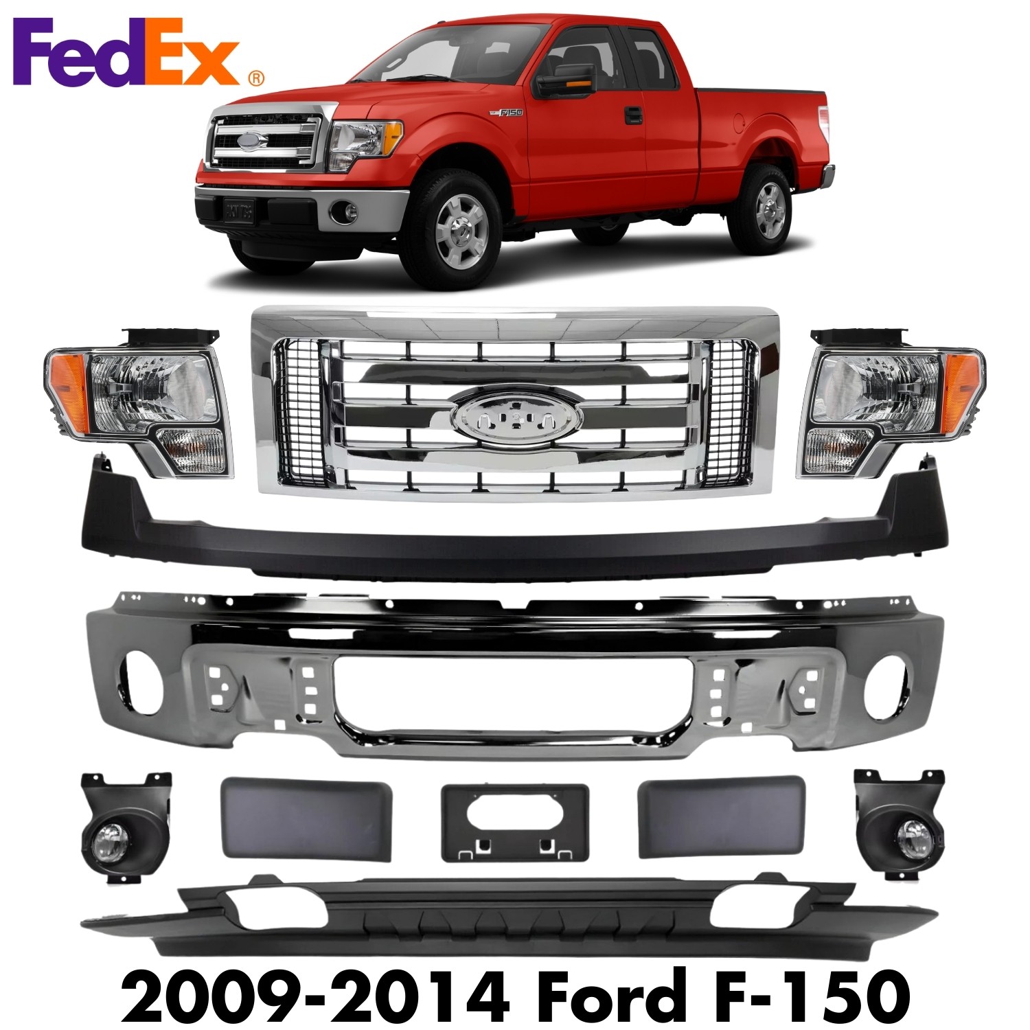 Front Chrome Steel Bumper & Headlights Assembly Kit For 2009-2014 Ford F-150
