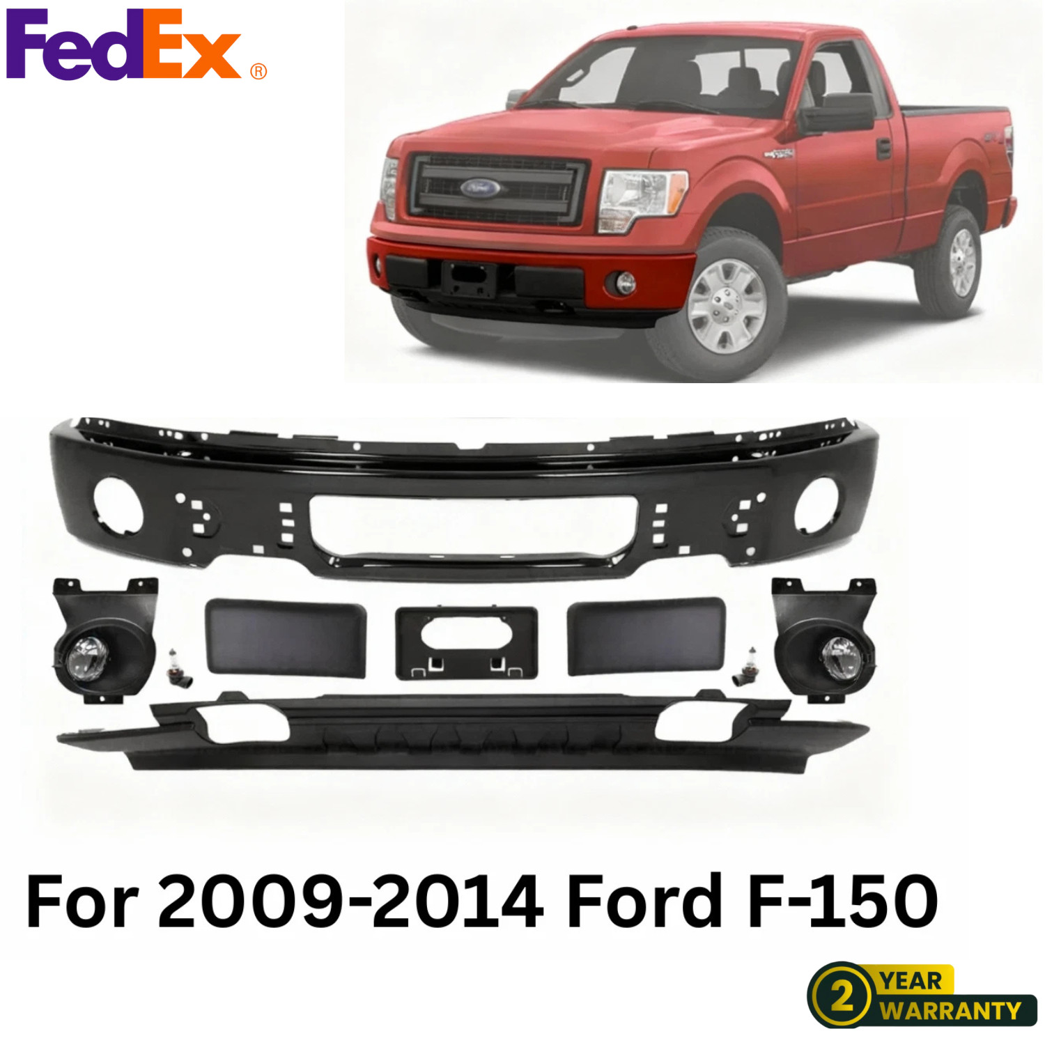 Front Bumper Paintable Steel & Fog Lights Assembly Kit For 2009-2014 Ford F-150