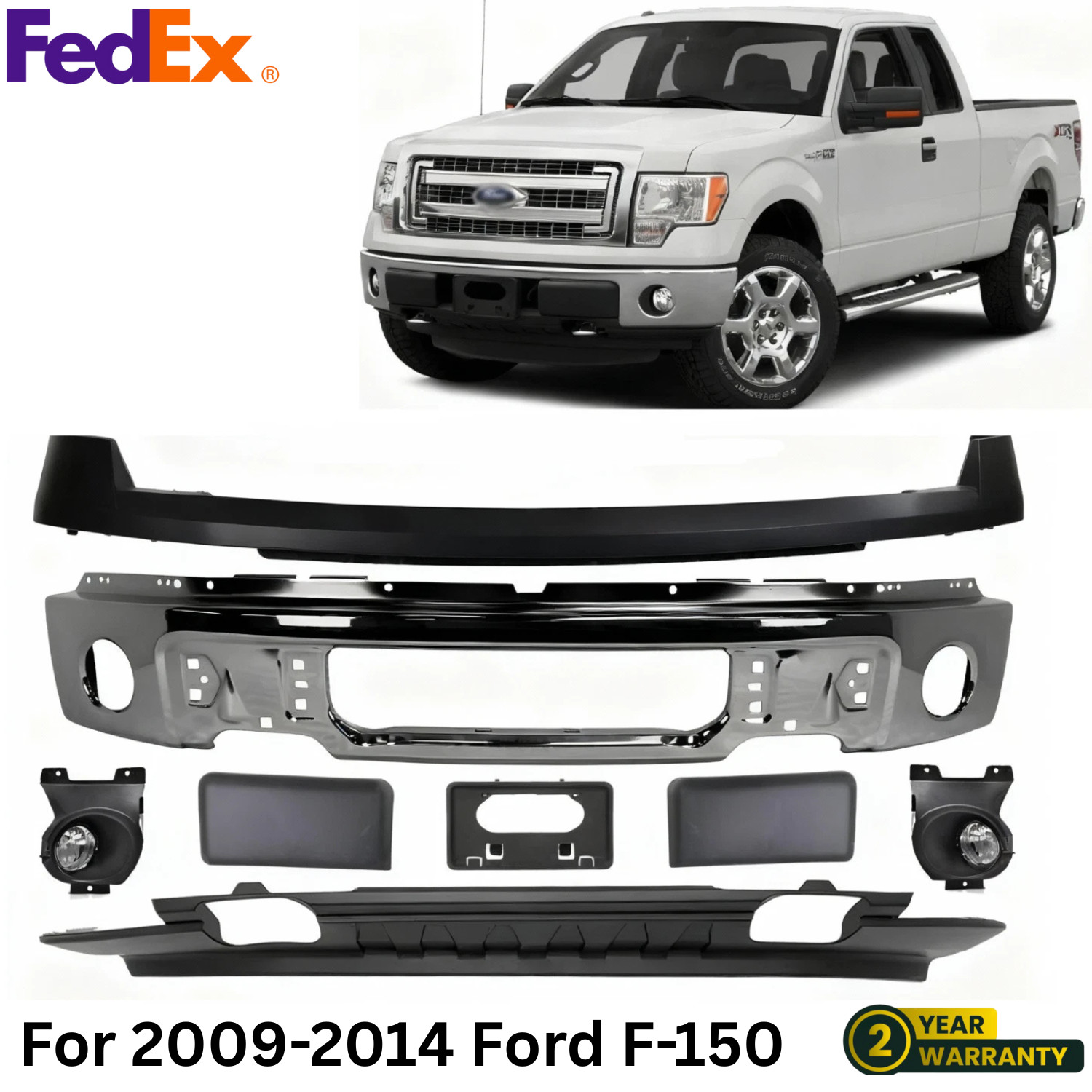 Front Bumper Chrome Steel & Fog Lights Assembly Kit For 2009-2014 Ford F-150