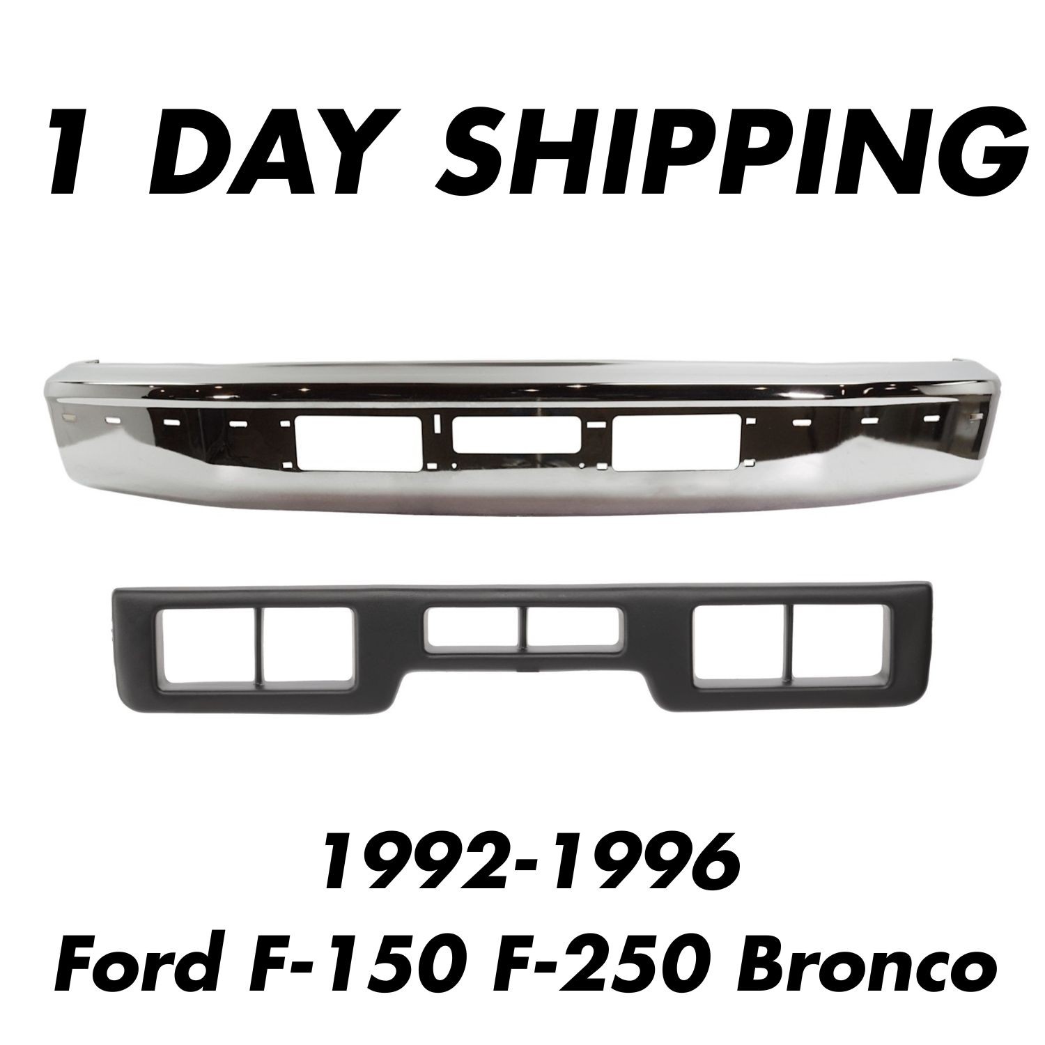 Front Chrome Bumper + Bumper Center Trim For 1992-1996 Ford F-150 F-250 Bronco