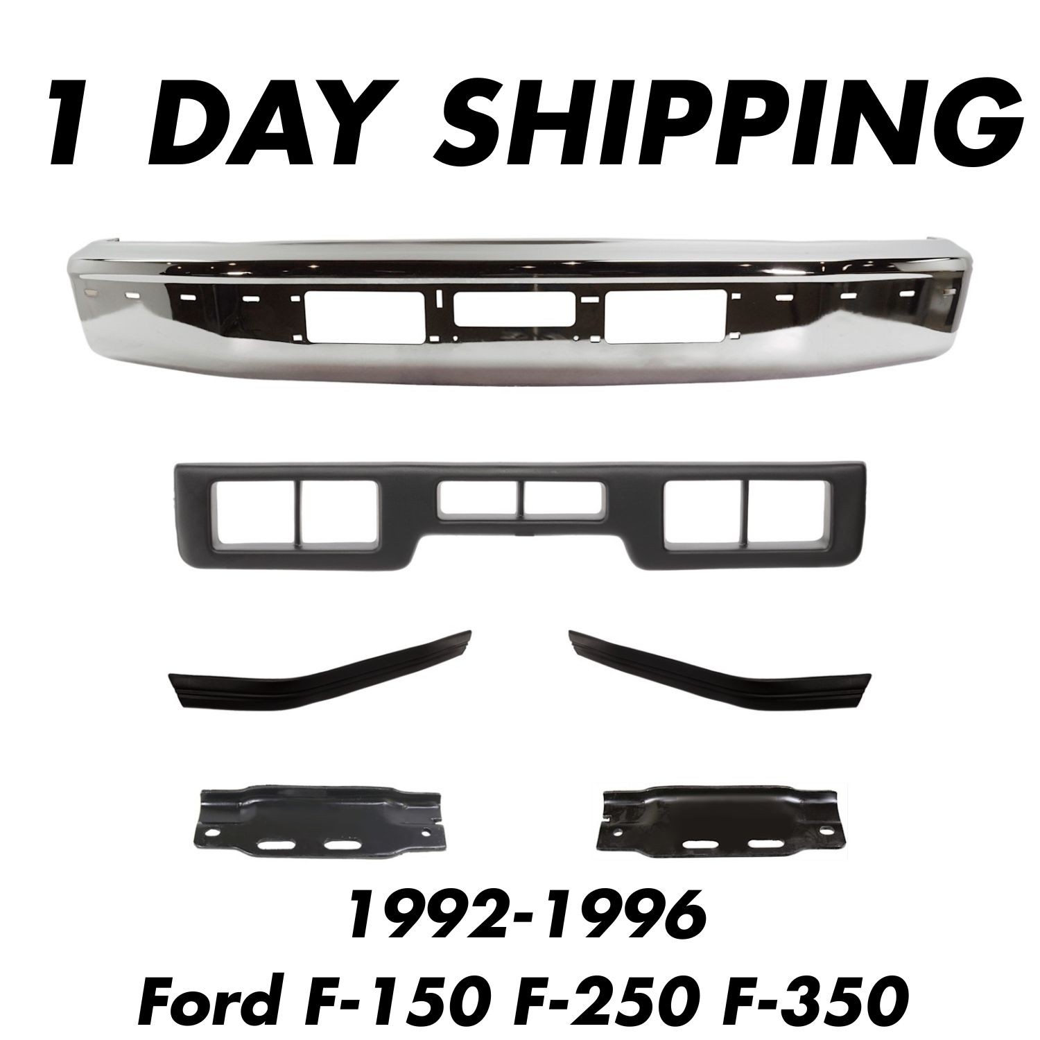 Front Chrome Bumper + Trims + Brackets For 1992-1996 Ford F-150 F-250 F-350