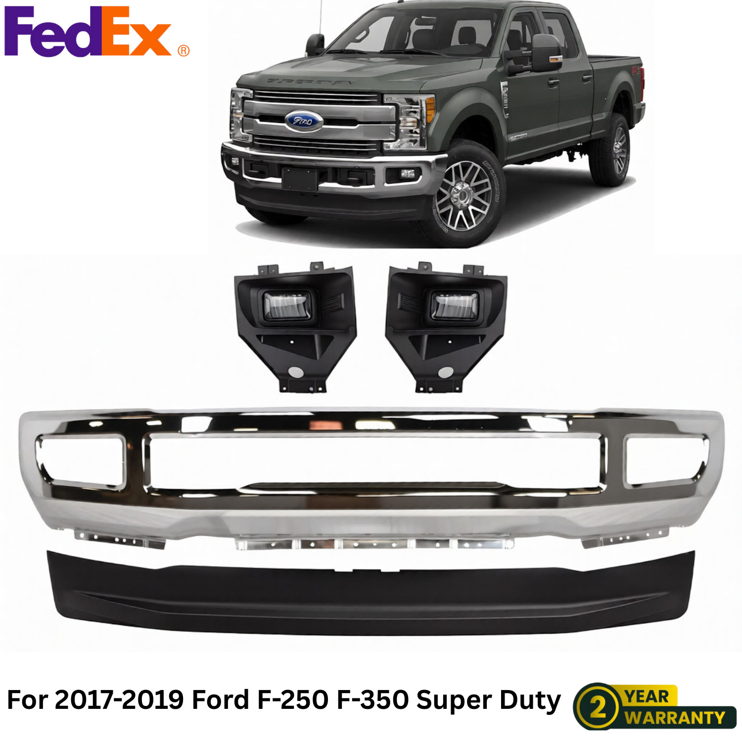 Front Bumper Chrome Steel & Fog Lights For 2017-2019 Ford F-250 F-350 Super Duty