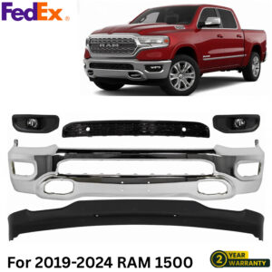 Front Bumper Face Bar Chrome & Fog Lights Assembly Kit For 2019-2024 RAM 1500