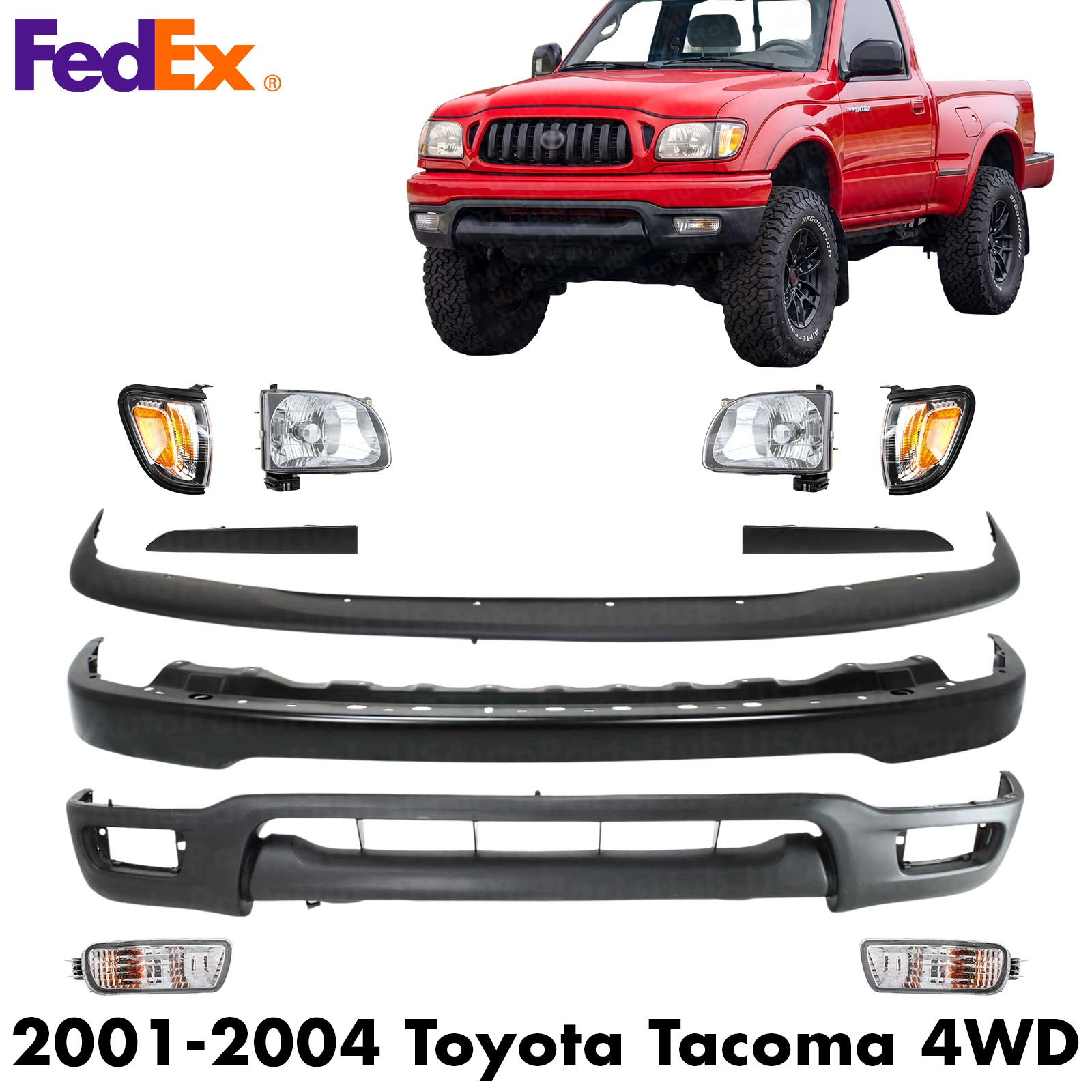 Front Bumper Primed Kit + Headlight Assembly Kit For 2001-2004 Toyota Tacoma 4WD