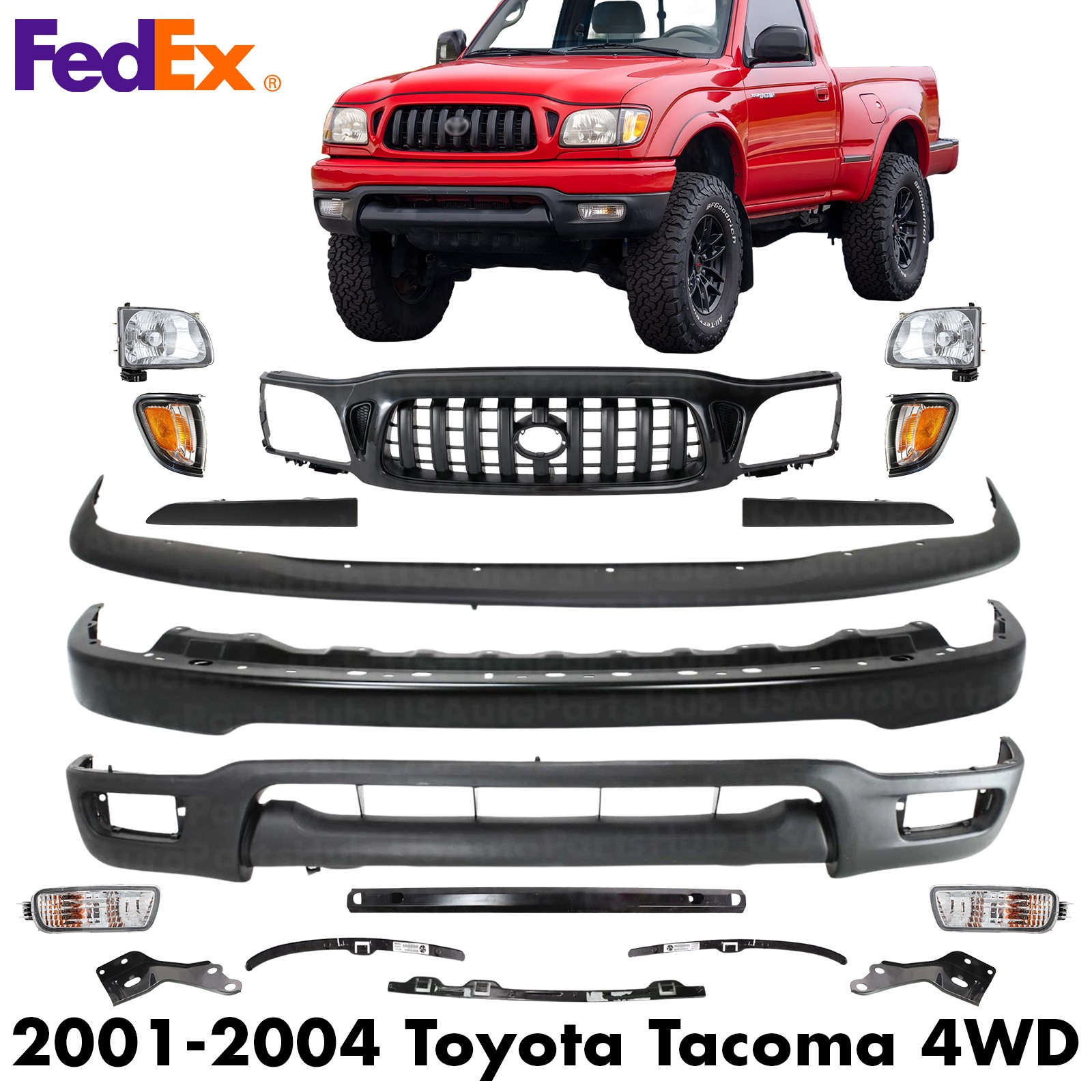 Front Bumper Primed + Headlights Assembly Kit For 2001-2004 Toyota Tacoma 4WD