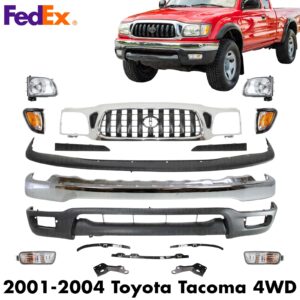 Front Chrome Bumper + Grille + Brackets Kit For 2001-2004 Toyota Tacoma 4WD