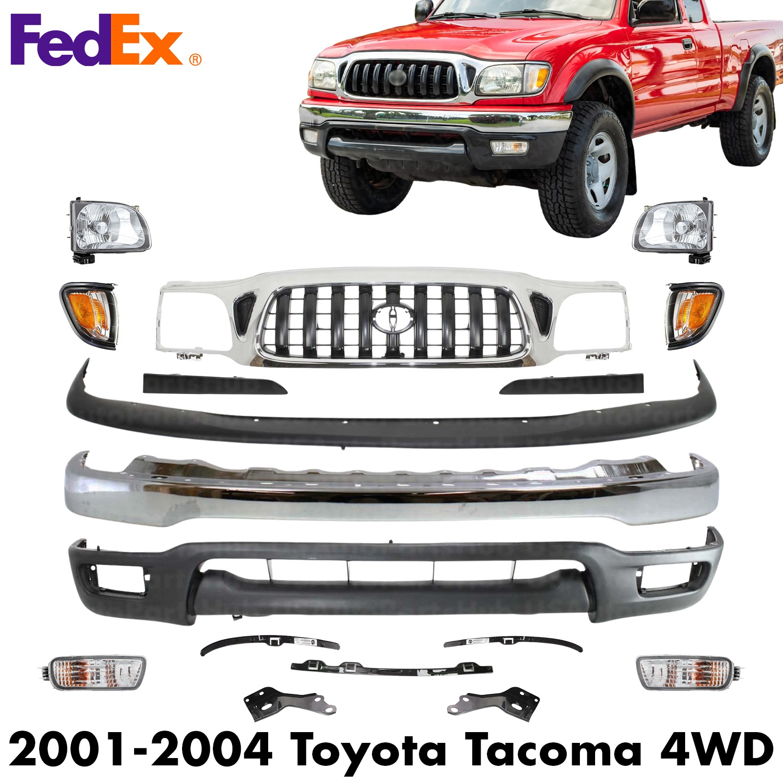 Front Chrome Bumper + Grille + Brackets Kit For 2001-2004 Toyota Tacoma 4WD
