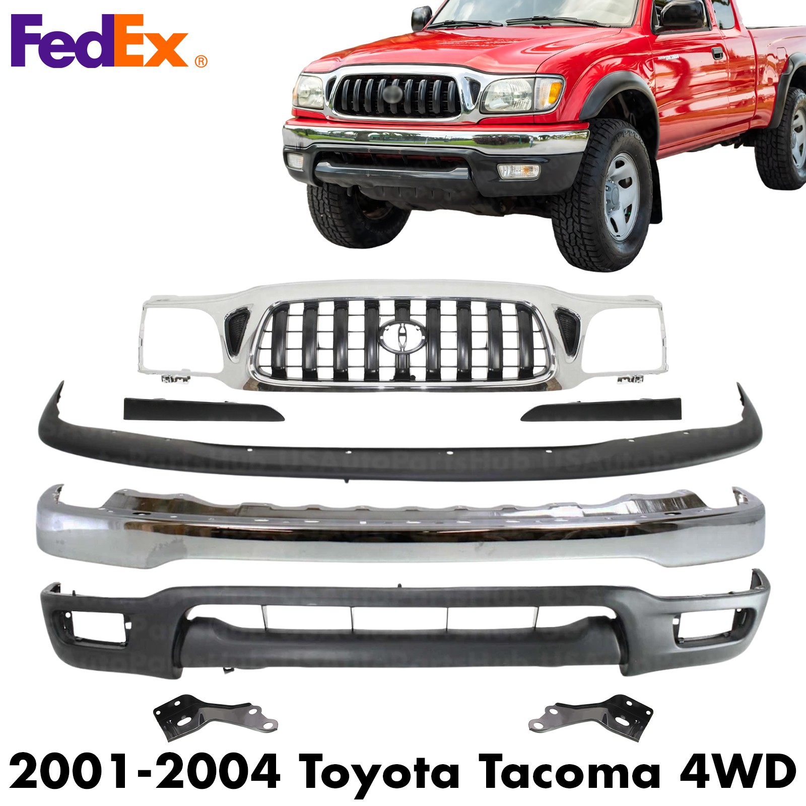 New Chrome Bumper + Grille Assembly Kit For 2001-2004 Toyota Tacoma 4WD
