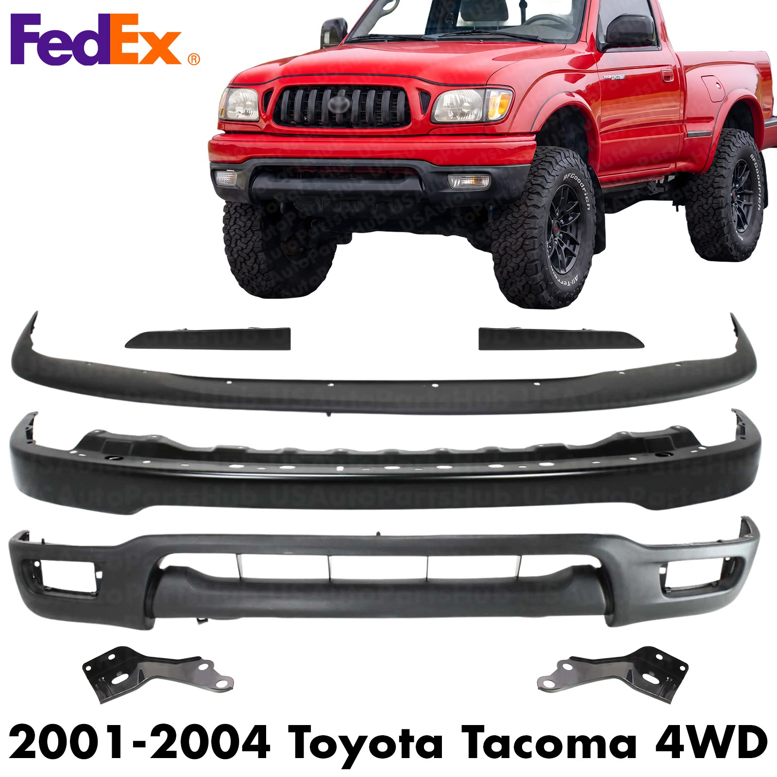 Front Bumper Primed Kit + Fillers + Brackets For 2001-2004 Toyota Tacoma 4WD