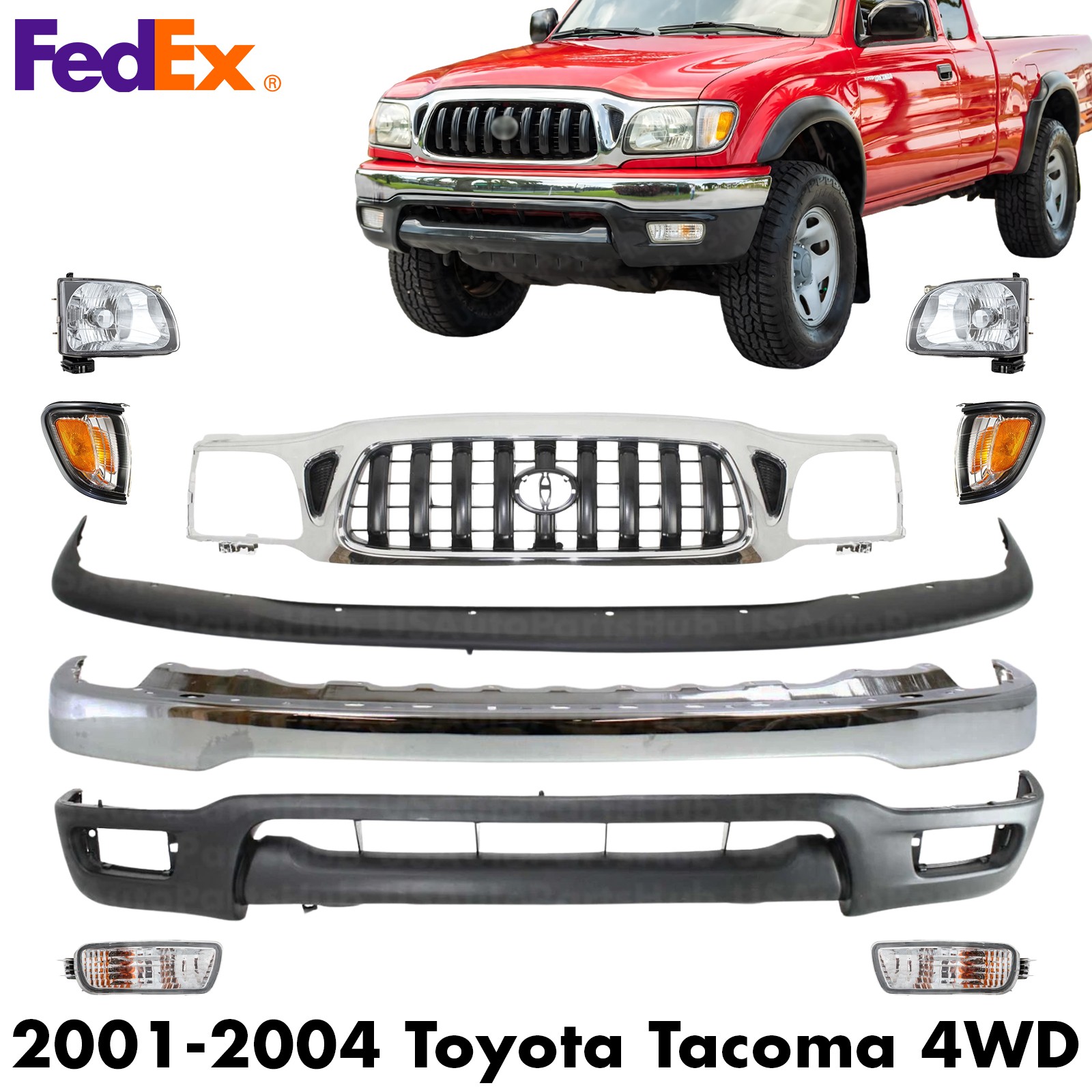 Front Chrome Bumper + Headlights Assembly Kit For 2001-2004 Toyota Tacoma 4WD