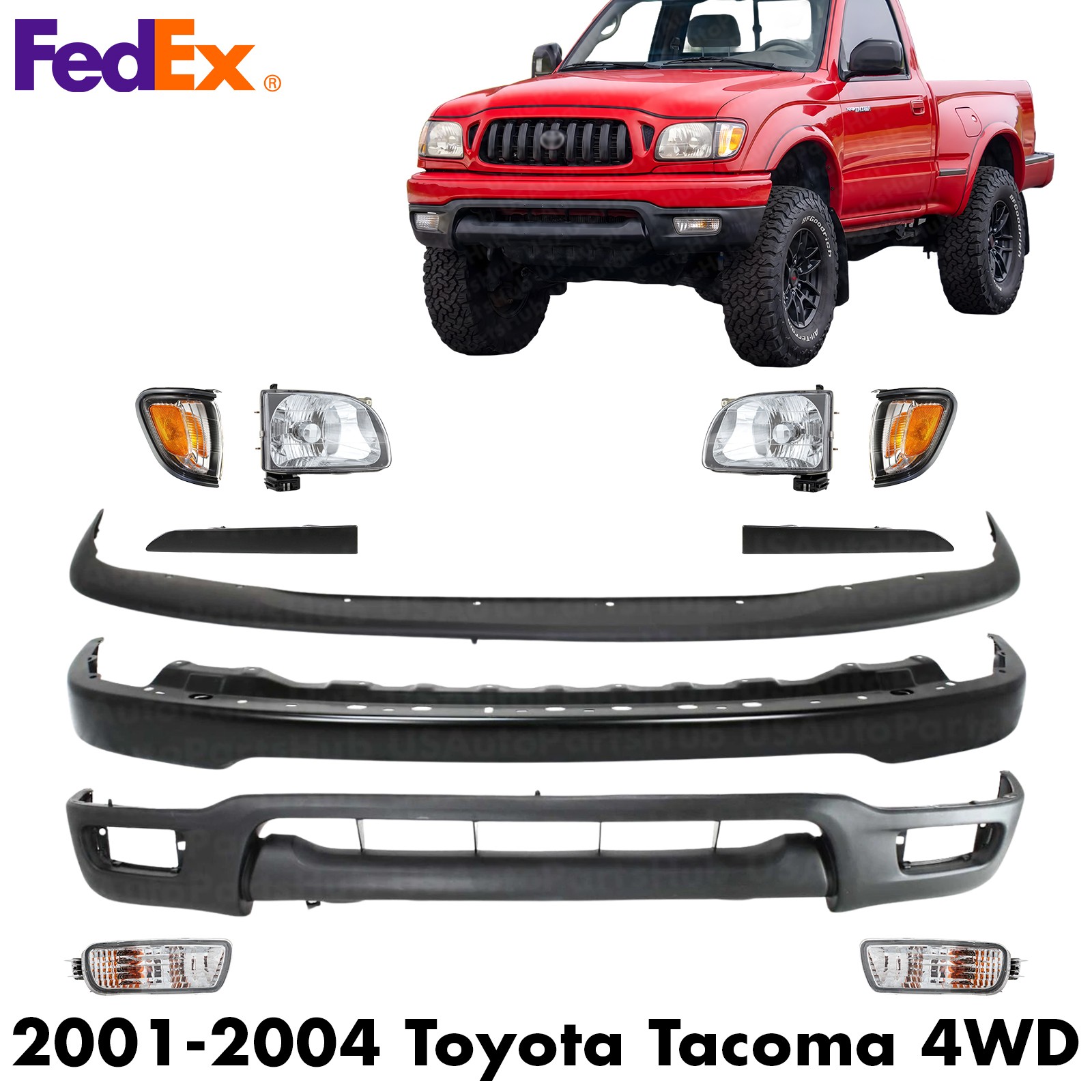 New Primed Bumper Kit + Headlights Assembly Kit For 2001-2004 Toyota Tacoma 4WD