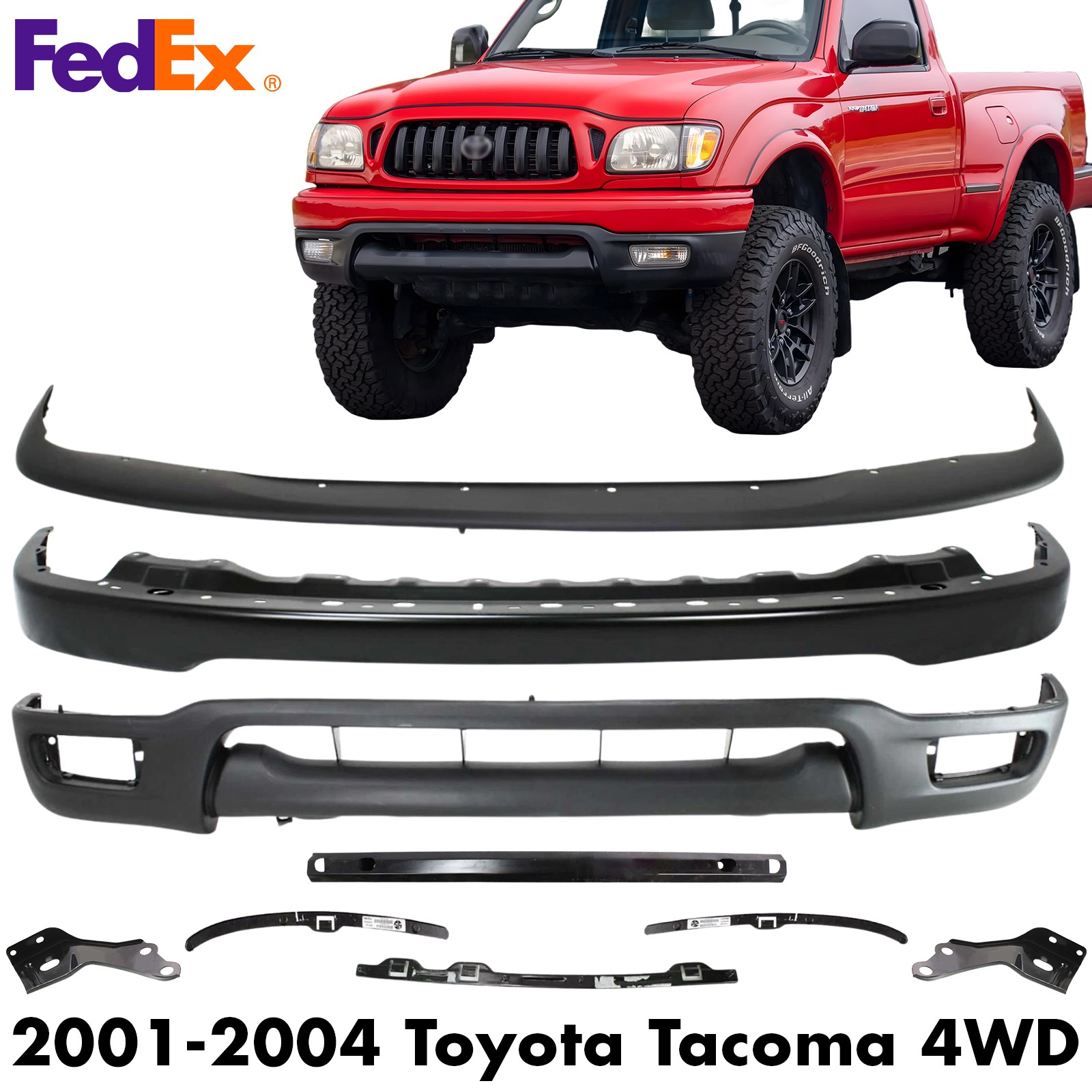 Front Bumper Primed Kit + Brackets + Reinforcement For 2001-2004 Toyota Tacoma