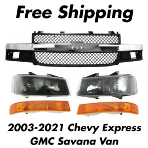 Front Grille + Headlights Kit For 2003-2021 Chevrolet Express / GMC Savana Van